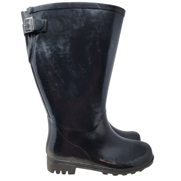 Torrid Rain Boots sz 9 Knee High Black Glossy Wide Calf Buckle Waterproof Rubber - Picture 2 of 12